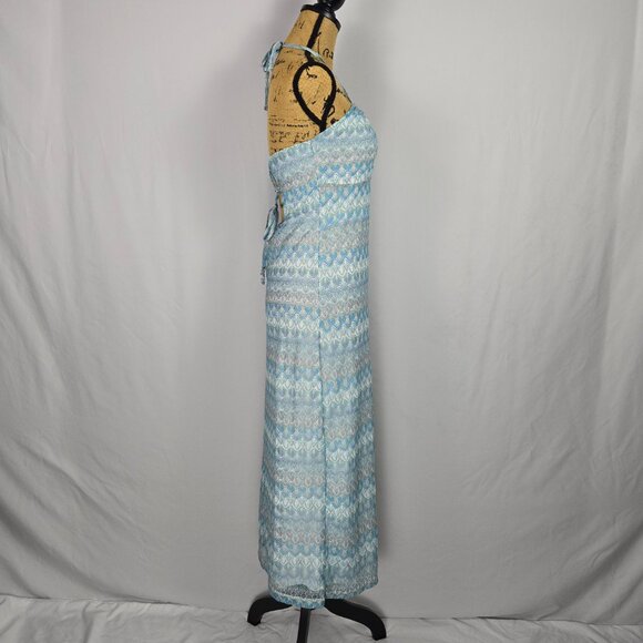 Wild‎ Fable Maxi Halter Dress M Blue Geometric Open Back Tie Slit Y2K Boho Chic - Picture 4 of 15
